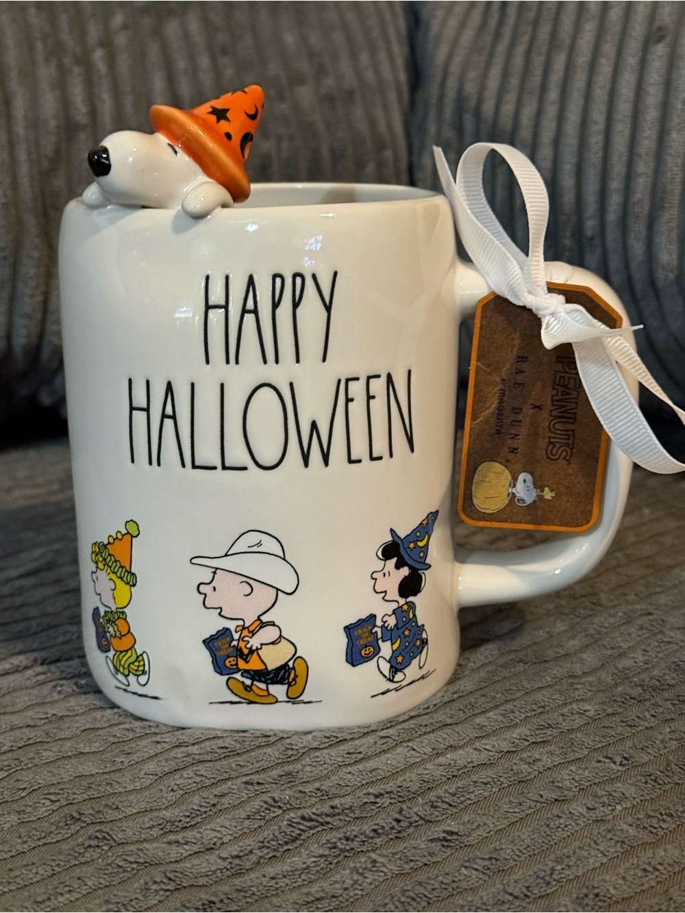 Rae Dunn x Peanuts “Happy Halloween” White Ceramic Mug with Orange Snoopy Hat